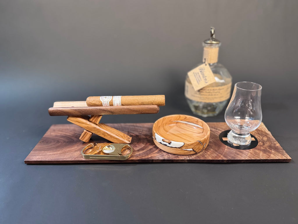 Cigar and Whiskey board with olive wood crosses