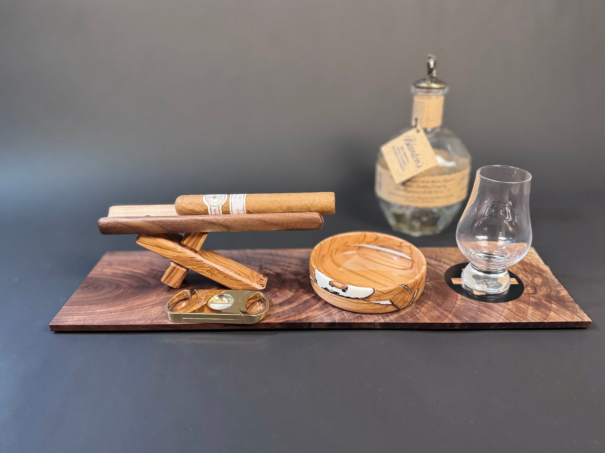 Cigar and Whiskey board with olive wood crosses